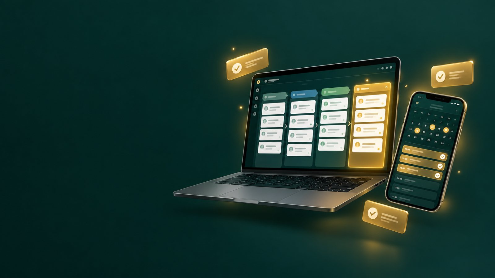 CRM pipeline and booked calendar on laptop and phone